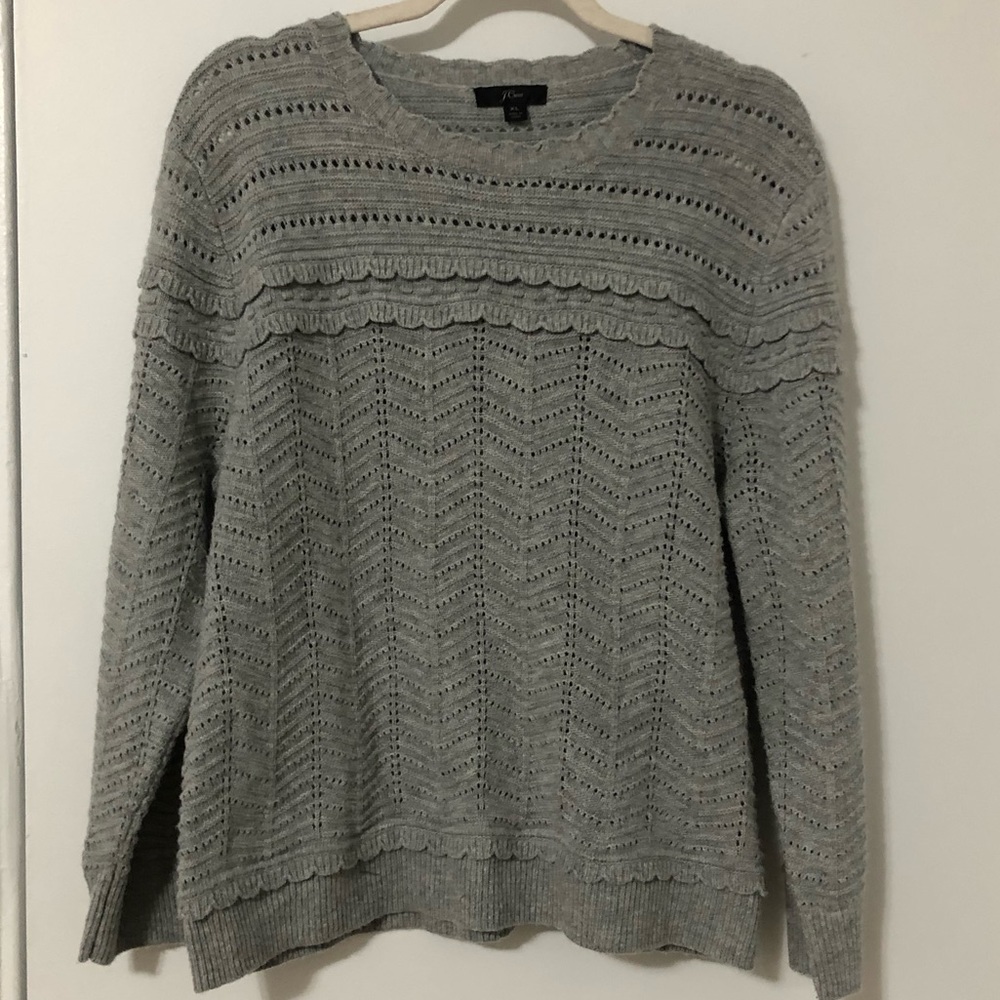 J Crew Long Sleeve Sweater with Scallop Detail, Wool Blend, Gray, Size XL